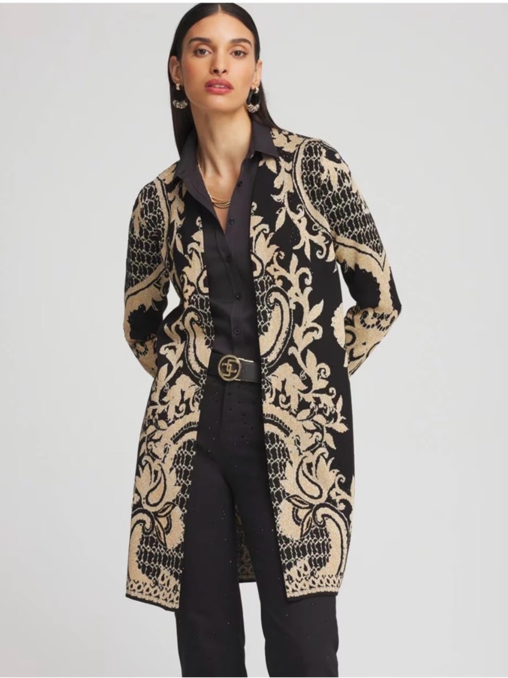 Chico's Embellished Jacquard Coatigan cardigan in black and gold size large - Picture 2 of 16